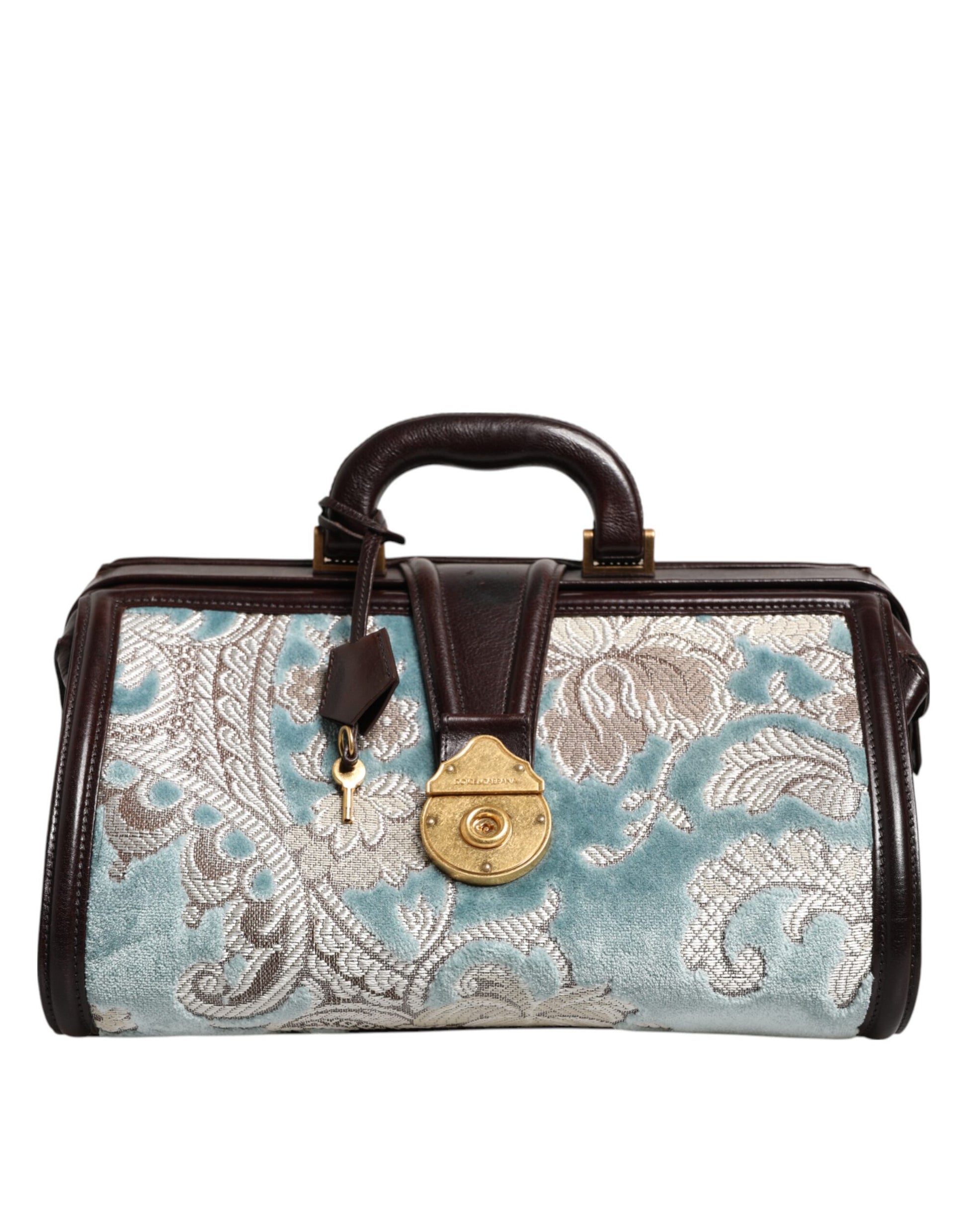 Dolce &amp; Gabbana Blau-braune Reisehandtasche aus Leder mit Blumenmuster und Jacquard