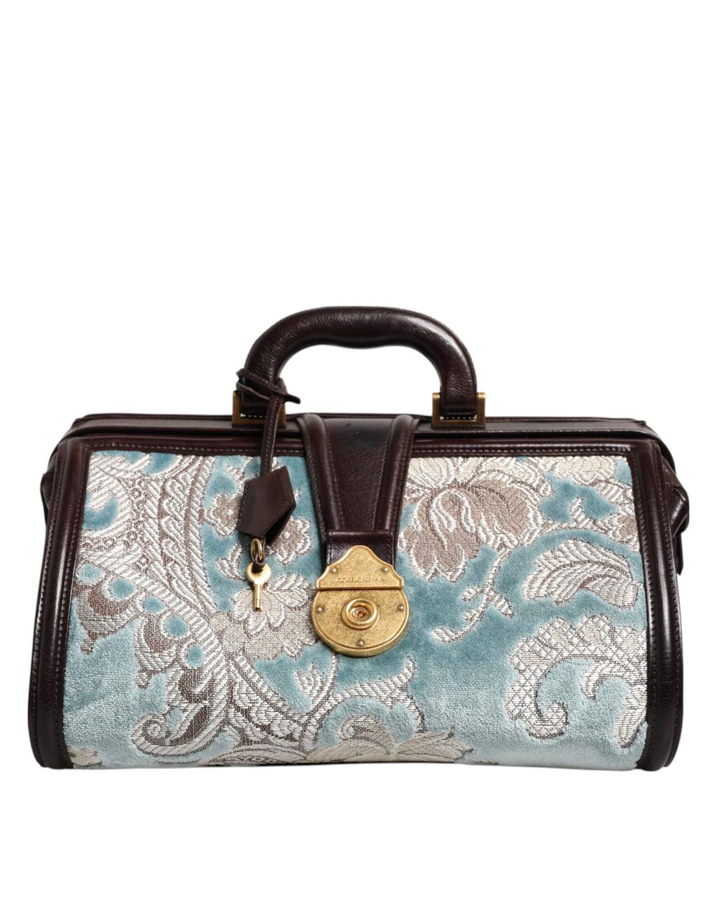 Dolce &amp; Gabbana Blau-braune Reisehandtasche aus Leder mit Blumenmuster und Jacquard