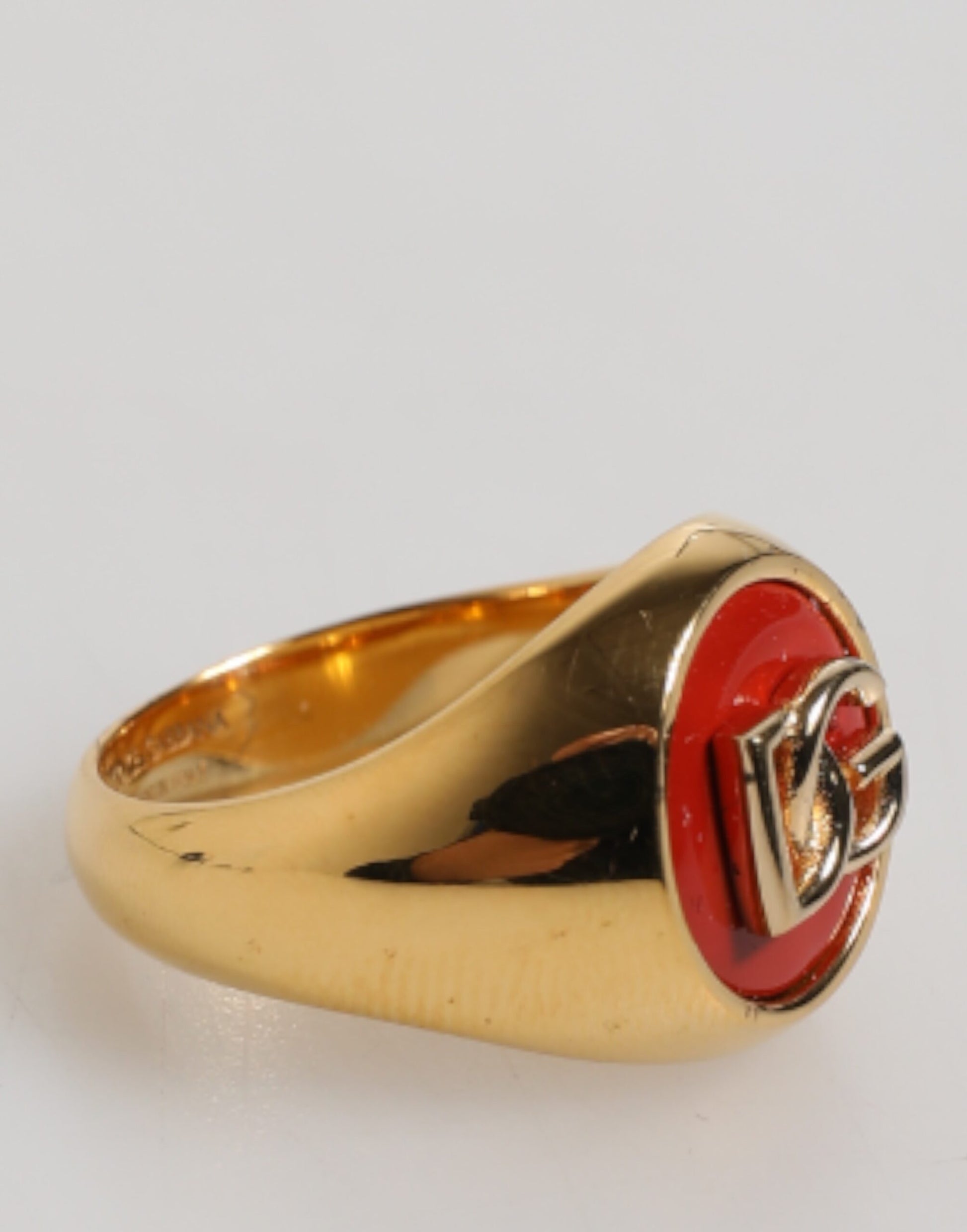 Dolce &amp; Gabbana Herrenring aus echtem Messing in Goldton mit rundem, rotem DG-Logo