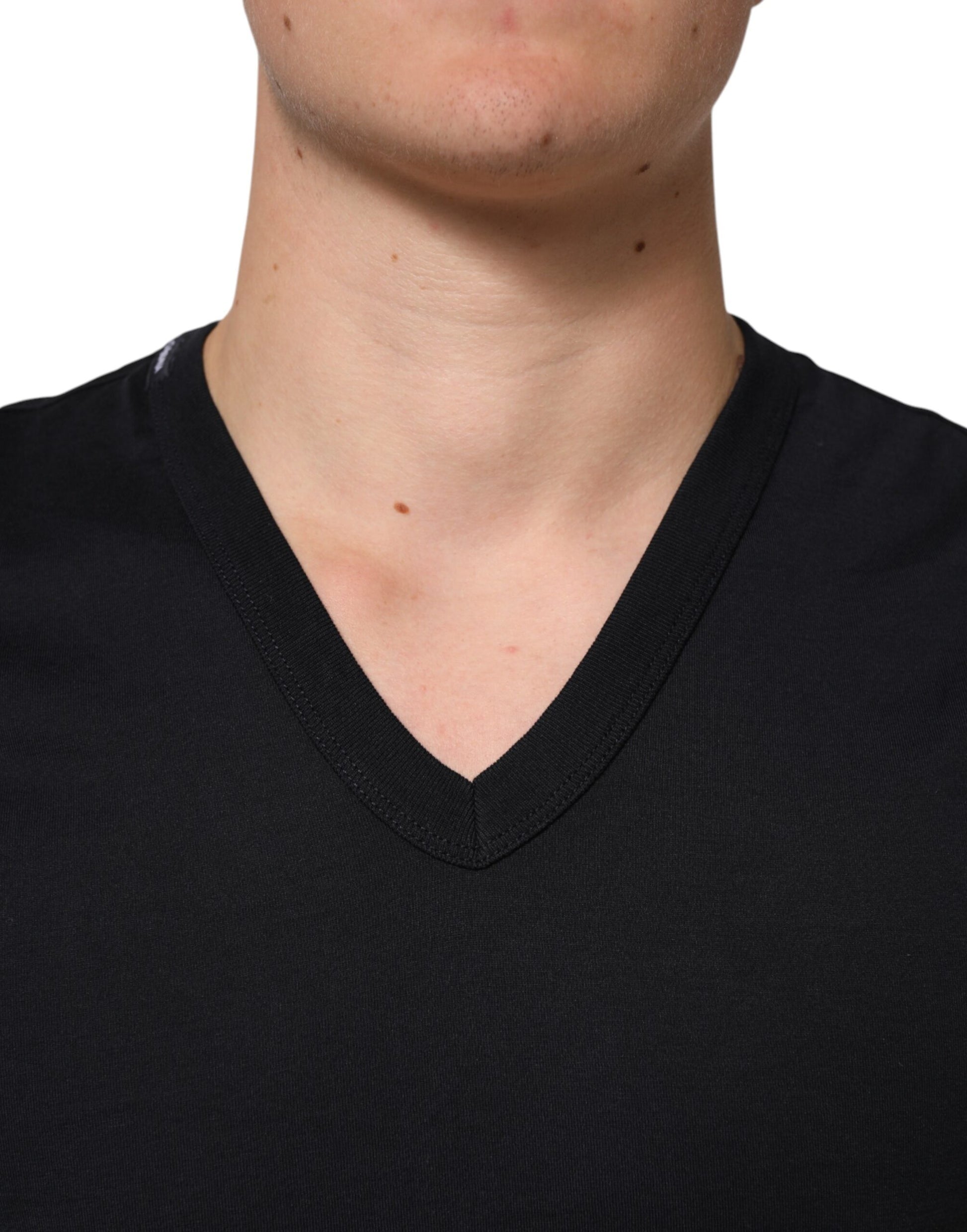 Dolce & Gabbana Black Cotton Plain V-Neck Men Shirt T-shirt