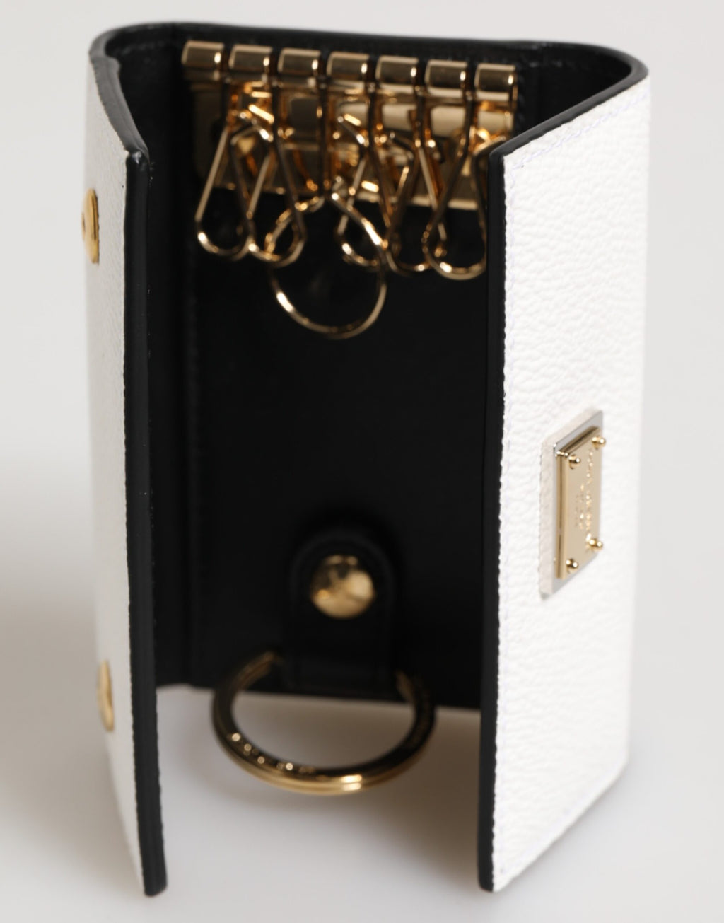 Dolce &amp; Gabbana Weißes Leder-Kartenetui, Geldbörse, Schlüsseletui mit goldener Logoplatte