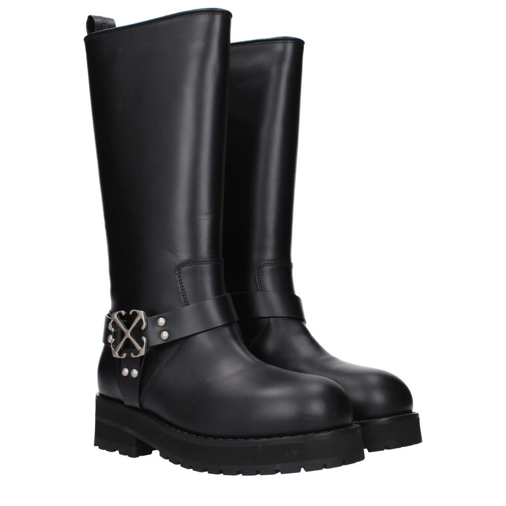 Off-White Black Leather Flat Boots - Allority