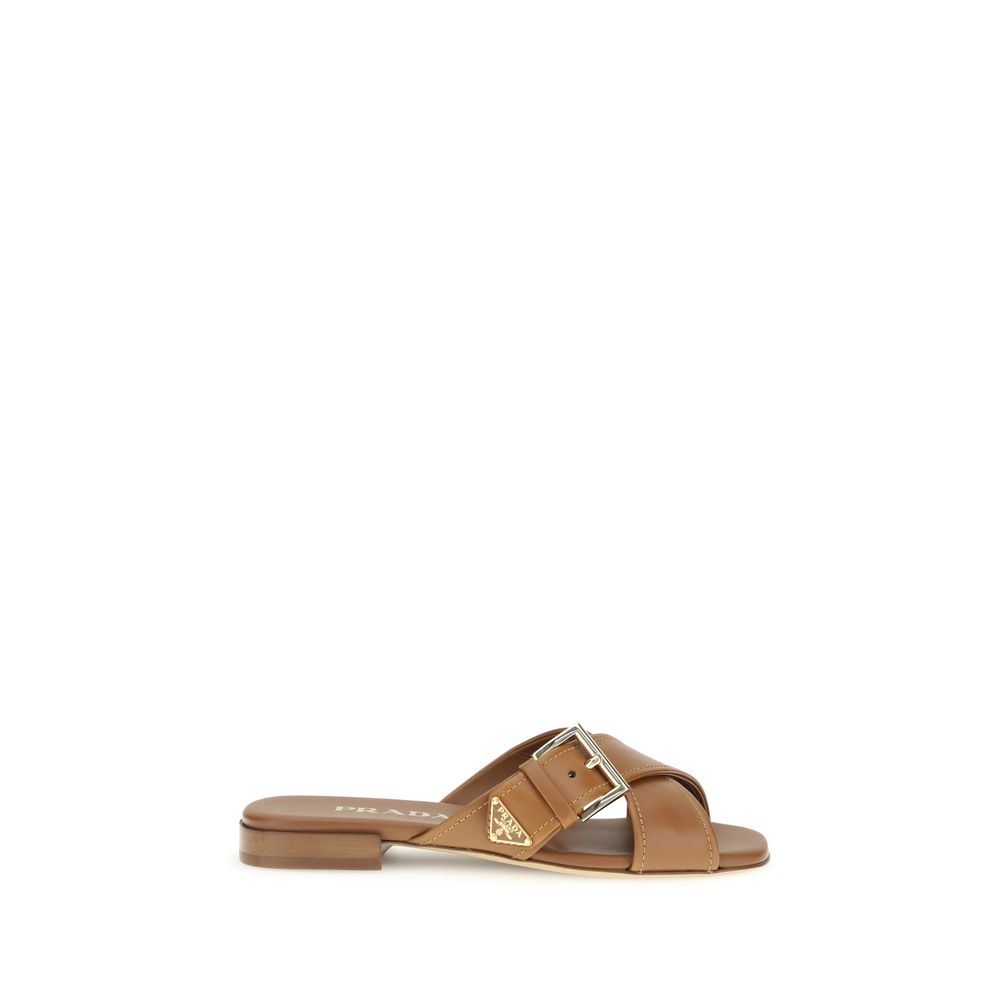 Prada Brown Calf Leather Bos Taurus Flat Sandals - Allority