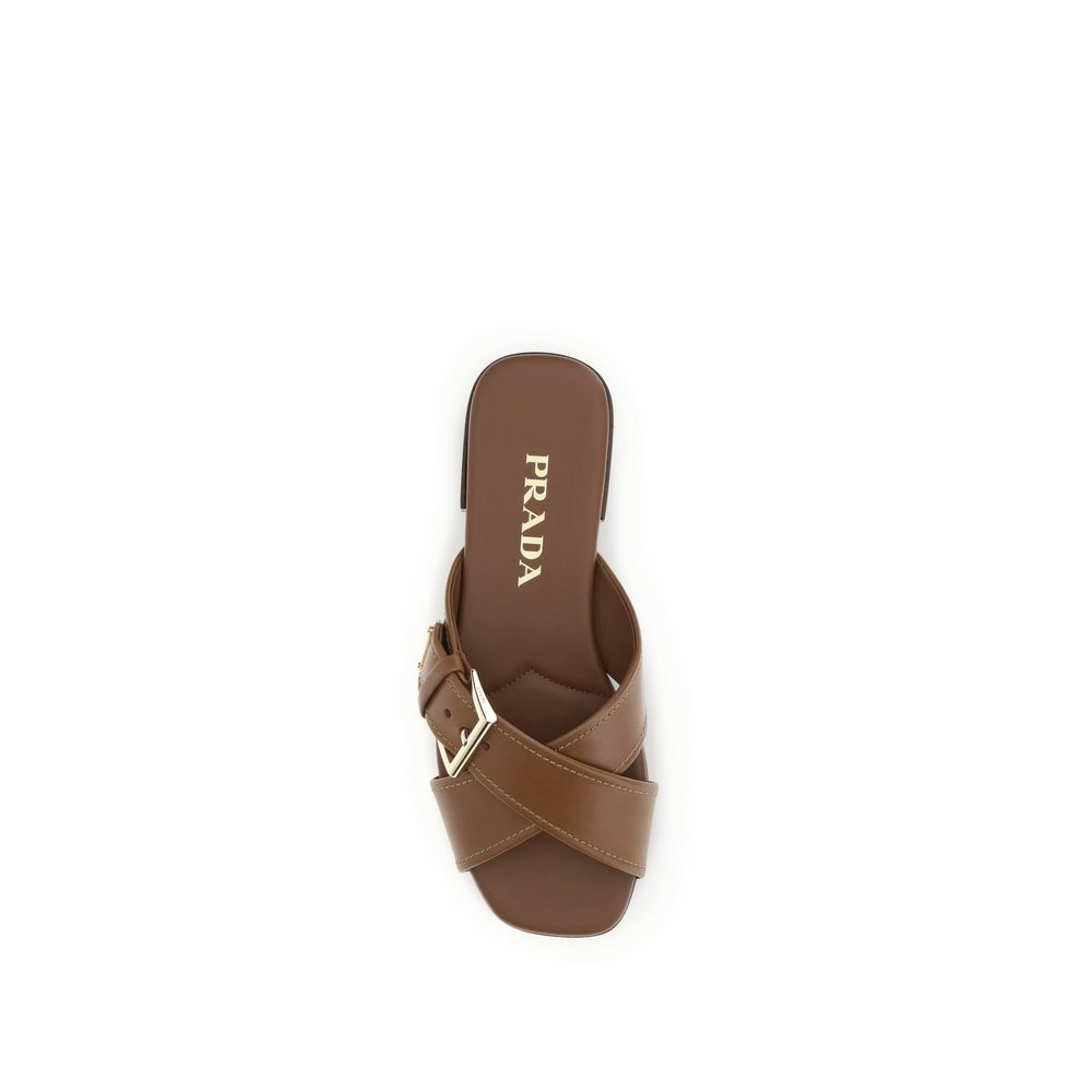 Prada Brown Calf Leather Bos Taurus Flat Sandals - Allority