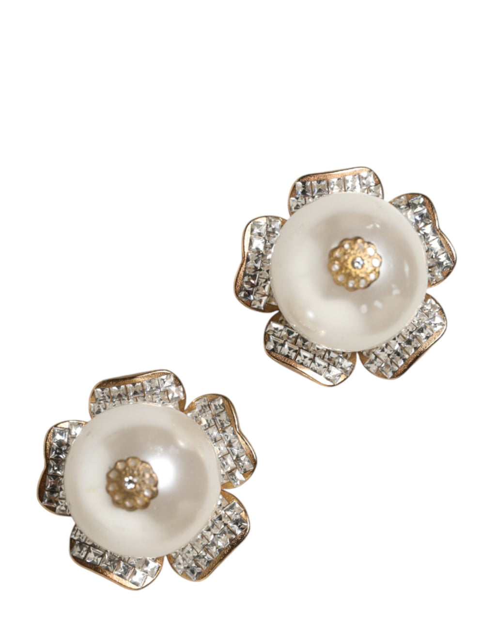 Dolce & Gabbana Gold Tone Maxi Faux Pearl Floral Clip-on Jewelry Earrings