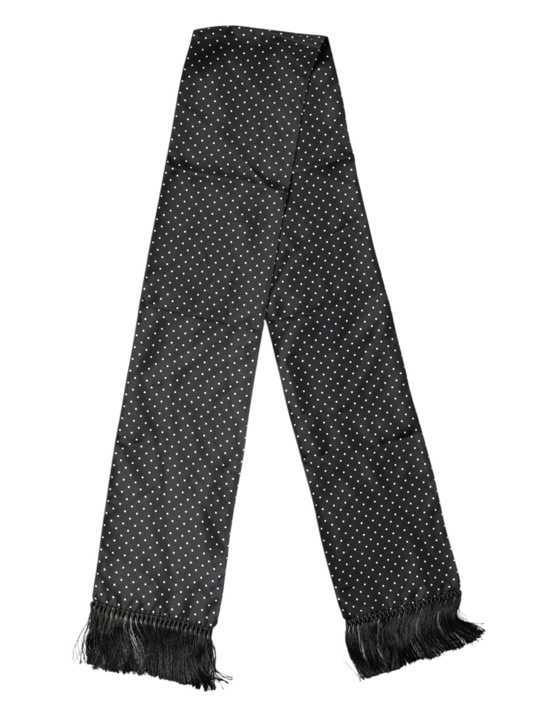 Dolce & Gabbana Black Polka Dot Fringes Silk Foulard 139cm x 14.5cm Scarf